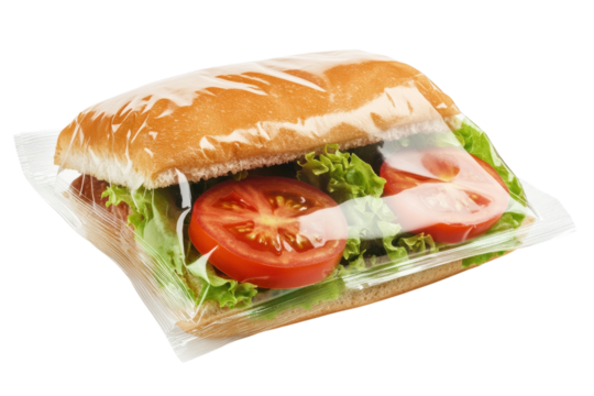 A freshly made sandwich bursting with crisp lettuce and juicy tomatoes sealed in clear plastic on transparent background