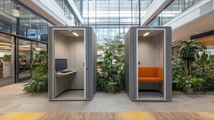 Modern Office Space with Private Work Booths in Green Environment