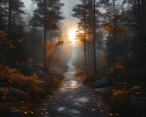 Fototapeta premium Misty autumn forest path at sunrise.