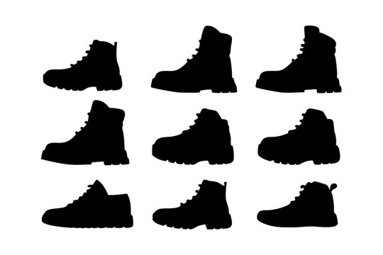Hiking boots silhouette collection for trekking and mountain travel vector illustration