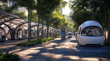 Autonomous pods at urban transit station, city background