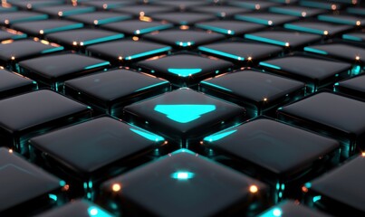 Fototapeta premium Abstract glowing cubes, teal highlight, technology background, digital art, website header
