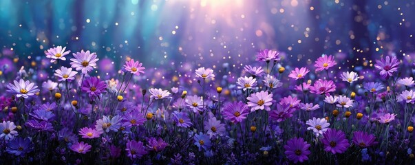 Blooming flowers in meadow with mystical nature and dreamlike gardens concept. Vibrant wildflowers blooming under soft sunlight in a serene setting.
