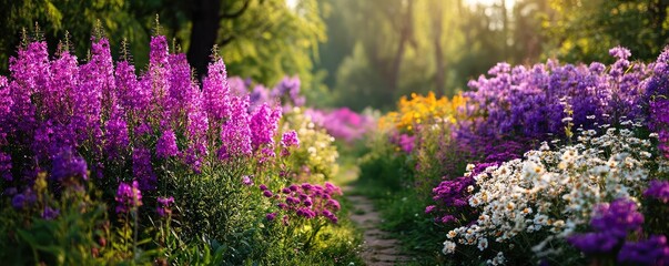 Naklejka premium Blooming flowers in meadow with mystical nature and dreamlike gardens concept. A vibrant path lined with colorful blooming flowers in a serene garden.