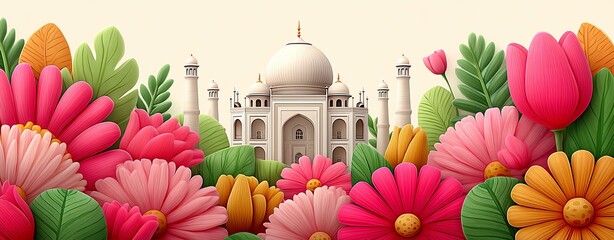 Taj Mahal Amidst Blossoms: A colorful display of vibrant floral arrangements frames the iconic Taj Mahal, creating a picturesque scene that evokes the rich cultural heritage and architectural wonder.