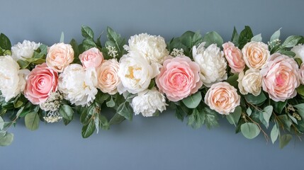 Peach & white rose garland, wedding decor, gray background