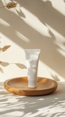 A pristine white cosmetic tube rests on a light wooden tray, bathed in soft, sun-dappled light against a pale backdrop. Dried floral accents add a touch of natural elegance