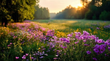 Obraz premium Blooming flowers in meadow with mystical tropical landscapes concept. Beautiful wildflower field illuminated by a golden sunset.