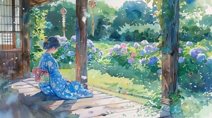 紫陽花,着物,女性,日本,縁側,6月,日本の景色,日本の伝統,浴衣,日本の風景,
