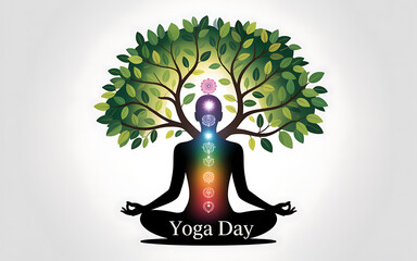 Yoga Day Meditation with Chakra Symbols and Tree of Life Illustration
