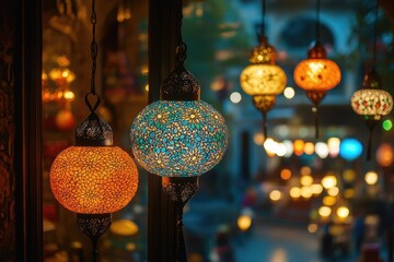 Colorful hanging lamps,  a display of intricate mosaic glass