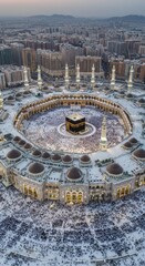 Aerial View of the Grand Mosque in Mecca during Hajj Season: A Breathtaking Panorama of Islamic Architecture and a Sea of Pilgrims