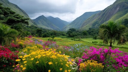 Blooming flowers in meadow with mystical tropical landscapes concept. Vibrant flowers bloom in a lush valley surrounded by mountains.