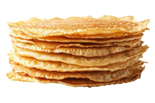 A tempting stack of golden pancakes ready for a sweet breakfast or brunch celebration lit with on transparent background