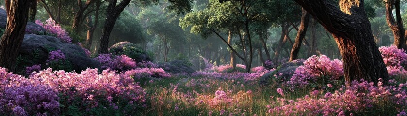 Blooming flowers in meadow with mystical nature and dreamlike gardens concept. A serene landscape filled with vibrant flowers and lush greenery.