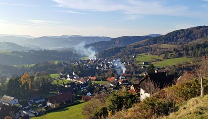 Serene Village Nestled in a Valley with Smoke Rising from Chimneys