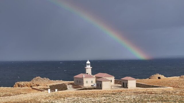 Arcoiris en el Faro de Punta Nati, en Menorca, Islas Baleares