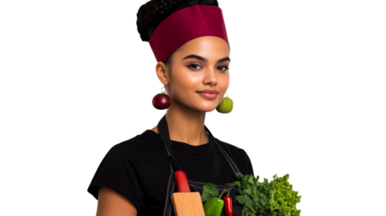 Latin chef holding vegetables, apron wearing, smiling, cut out transparent