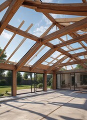 Fototapeta premium Modern home extension framing, new roof structure, materials, roof