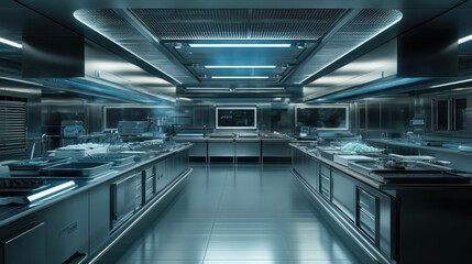 Fototapeta premium Futuristic sterile kitchen; monitors, equipment, stainless steel. Use Sci-fi film set design