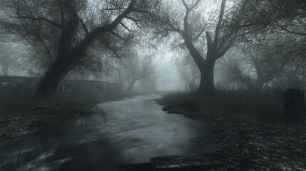 Obraz premium Foggy creek path, autumn woods, mystery, game background