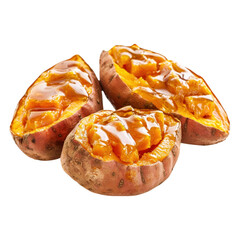 Fototapeta premium Three baked sweet potatoes split open and topped with a glossy syrup.