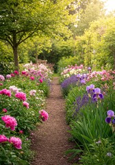 Sunlit Garden Path with Pink Peonies and Purple Irises