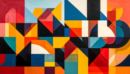 vibrant modern art illustration featuring an array of geometric shapes and bold contrasting colors