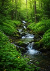 Obraz premium Sunlit Stream in Lush Green Forest