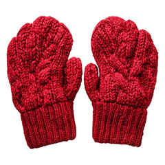 A pair of red knitted mittens with a chunky textured pattern and ribbed cuffs.
