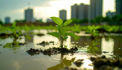 Naklejka premium A small green plant grows in wet soil with city buildings blurred in the background at sunrise or sunset.