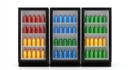 Colorful Beverage Bottles Displayed in Modern Refrigerators