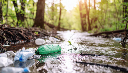 Fototapeta premium Plastic bottles and trash pollute a small stream in a forest, highlighting environmental damage and water contamination.