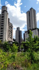 Obraz premium Abandoned City Skyline with Nature Reclaiming Urban Structures