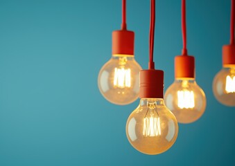 Bright Vintage Light Bulbs Hanging Over Blue Background