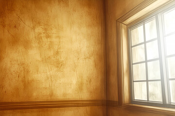 Interior view of a corner room with textured walls and window filled with sunlight, warm and antique style