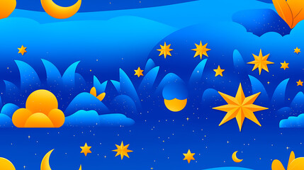 Peaceful seamless pattern illustration of dreamy blue night sky with bright glowing stars, crescent moons, and fluffy clouds