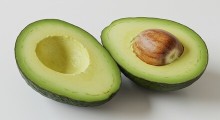 Fresh Ripe Avocado Cut in Half with Seed Isolated on White Background
