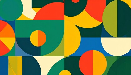 vibrant modern art illustration featuring an array of geometric shapes and bold contrasting colors