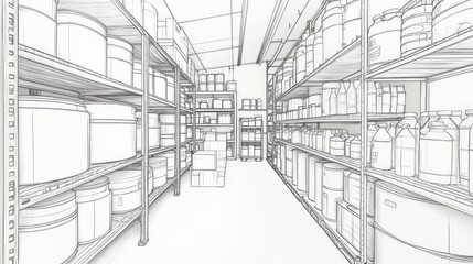Fototapeta premium Warehouse aisle with shelves stocked with containers