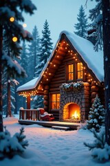 Fototapeta premium Enchanted Winter Cabin Festive Lights Adorn Snow-Covered Log Home with Cozy Fireplace