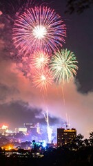 Naklejka premium Vibrant City Skyline with Colorful Fireworks at Night Celebration