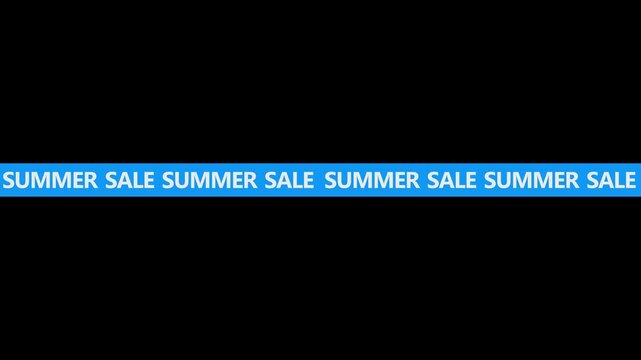 Blue summer sale alert banner ticker infinite horizontal text scrolling isolated on black background. Loop 4K video animation.