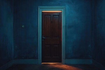 Dark, dimly lit room with a single wooden door.  A soft, warm light emanates from within