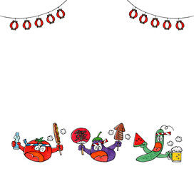 夏祭りと夏野菜のキャラクター(ナス、トマト、きゅうり)　コピースペース
