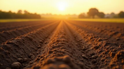 Golden Hour on the Farmland Rows of freshly tilled soil bathed in the warm glow of the setting sun, a testament to agricultural preparation and the promise of a bountiful harvest.
