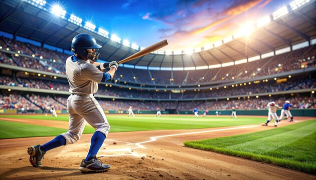 Full shot of a baseball player batting in a stadium.