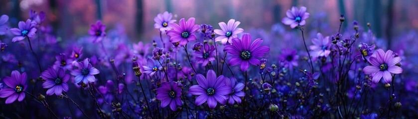 Fototapeta premium Blooming flowers in meadow with glowing paradise dreamlike nature concept. Vibrant purple flowers blooming in a serene natural setting.