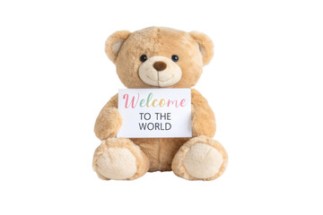 Obraz premium PNG Cute teddy bear holding 'welcome to the world' sign for newborn celebration