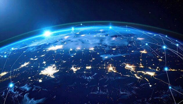 Global network connection illustrated over a detailed planet Earth. - Powered by Adobe